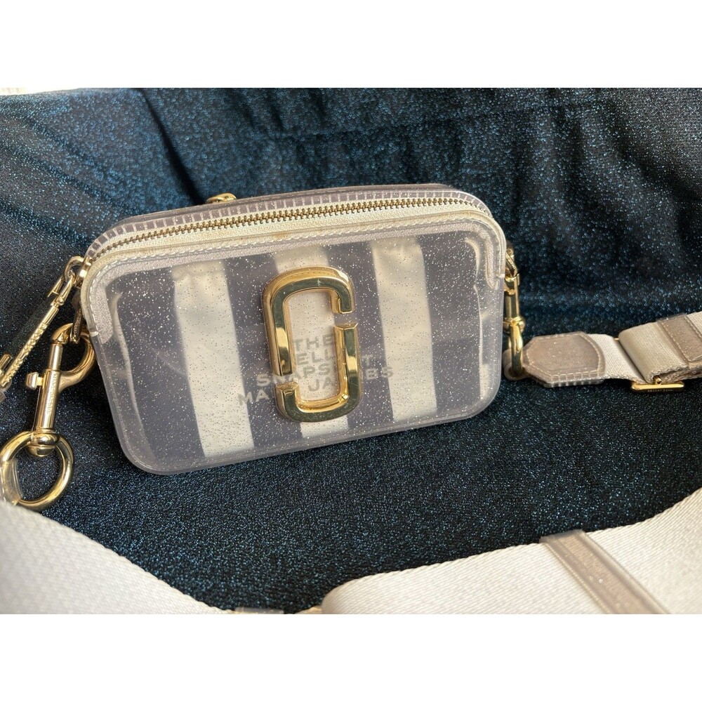Marc Jacobs Strip Glitter Jelly Snapshot Crossbody Camera Bag Light Gray Auth